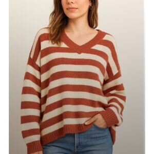 Adora Striped Knit V Neck Slouchy Sweater Small